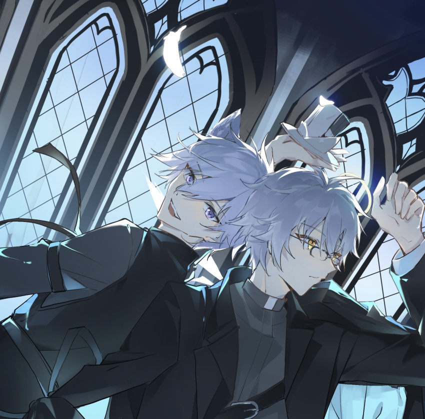 2boys adnachiel_(arknights) adnachiel_(traceless_walker)_(arknights) animal_ears arknights bishounen black_suit ceoretkr closed_mouth feathers formal fox_boy fox_ears glasses hand_up highres indoors looking_at_viewer male_focus multiple_boys purple_eyes purple_hair smile steward_(arknights) suit upper_body white_hair window wings yellow_eyes