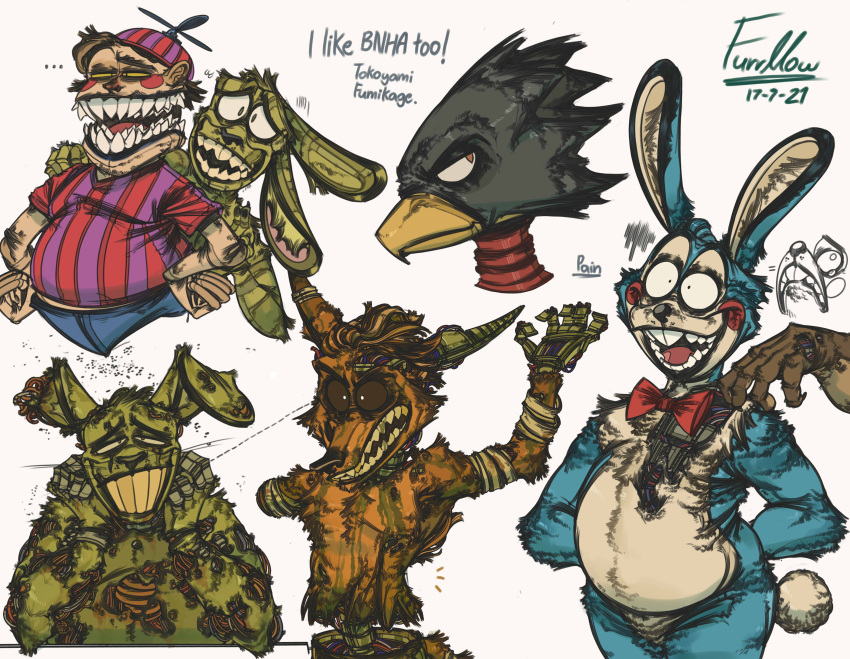 absurd_res animatronic anthro avian beak bird canid canine clothing constricted_pupils exposed_wires five_nights_at_freddy's five_nights_at_freddy's_2 five_nights_at_freddy's_3 for_a_head fox fumikage_tokoyami furrllow hi_res humor lagomorph leporid machine male mammal my_hero_academia nightmare_balloon_boy_(fnaf) pain pupils rabbit robot scottgames sharp_teeth small_pupils smile springtrap_(fnaf) teeth tight_clothing toy_bonnie_(fnaf) undead video_games withered_foxy_(fnaf)