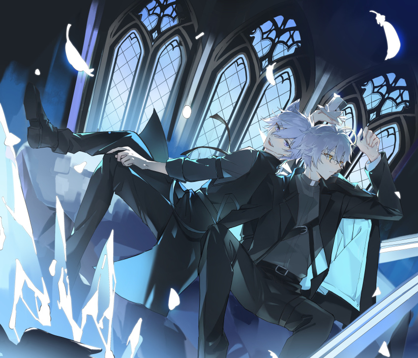 2boys absurdres adnachiel_(arknights) adnachiel_(traceless_walker)_(arknights) animal_ears arknights bishounen black_suit ceoretkr closed_mouth feathers formal fox_boy fox_ears full_body glasses hand_up highres ice indoors looking_at_viewer male_focus multiple_boys purple_eyes purple_hair sitting smile spread_legs steward_(arknights) suit white_hair window wings yellow_eyes