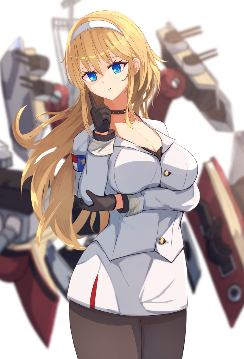 1girl absurdres arm_under_breasts armband azur_lane black_choker black_gloves black_legwear blonde_hair blue_eyes breasts choker cleavage closed_mouth cross cross_choker finger_to_face gloves hairband hane_(feathe02) highres holding_own_arm large_breasts long_hair looking_at_viewer military military_uniform north_carolina_(azur_lane) rigging smile solo uniform white_hairband