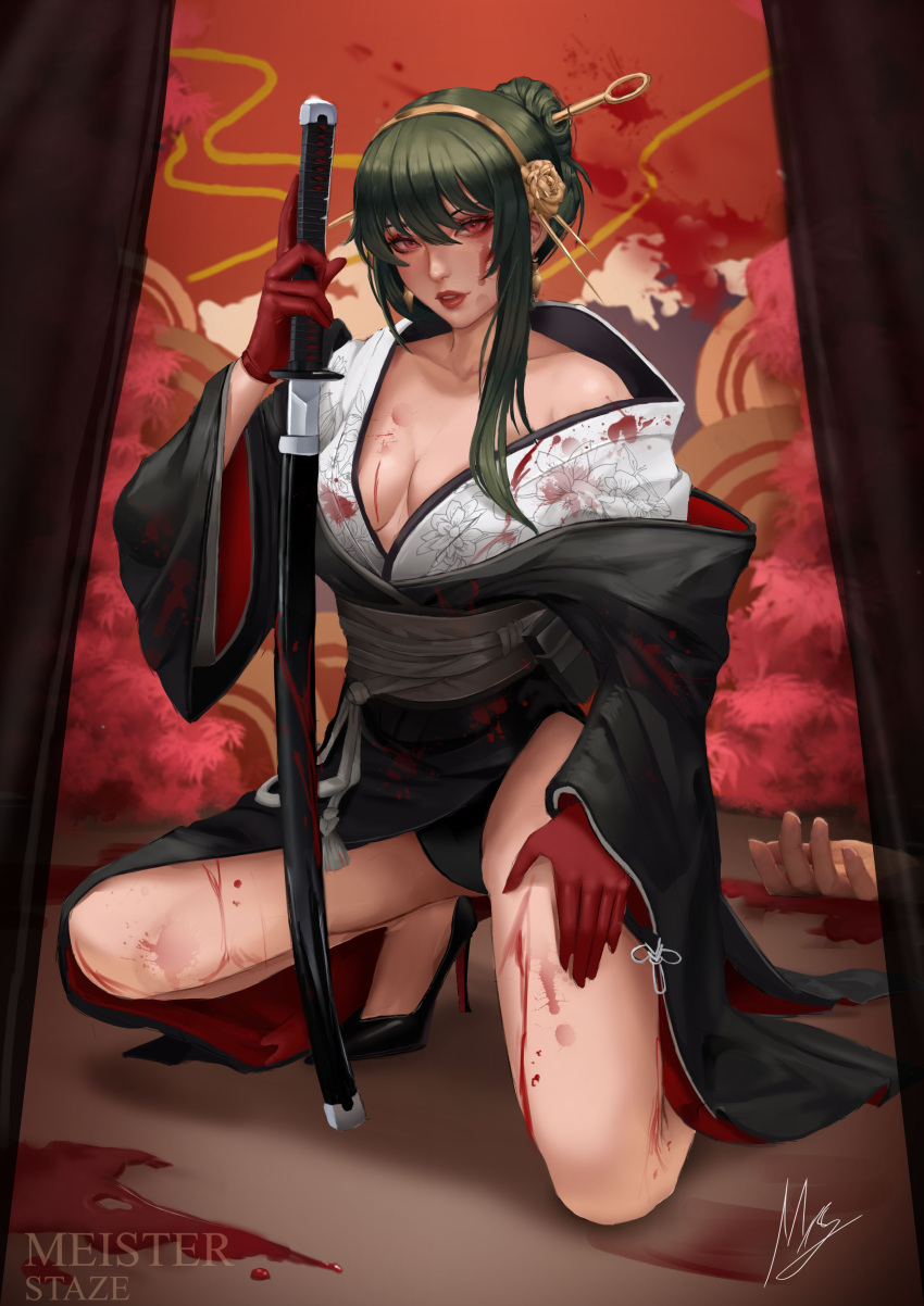 1girl absurdres assassin bangs black_hair blood breasts cleavage flower_ornament gloves hair_ornament headband highres japanese_clothes katana kimono kneeling long_bangs long_hair looking_at_viewer meister_staze panties sheath solo spy_x_family sword thighs underwear unsheathing weapon yor_briar yukata