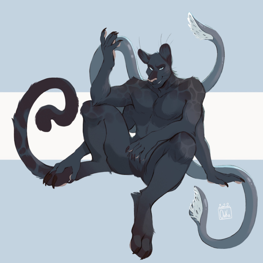 anthro digitigrade displacer_beast featureless_crotch hi_res looking_at_viewer male multi_arm multi_limb nude oukaarts pawpads sitting solo tentacles