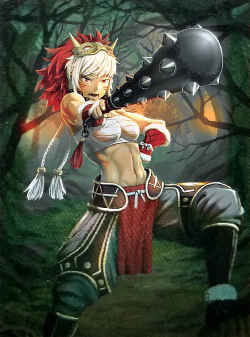 1girl armor breasts facial_tattoo fire_emblem fire_emblem_cipher fire_emblem_fates forest highres holding_club intelligent_systems japanese_armor japanese_clothes mask medium_breasts nature official_art oni_mask open_mouth outdoors pointing pointing_at_viewer pointing_weapon red_eyes rinkah_(fire_emblem) sarashi tattoo third-party_source white_hair