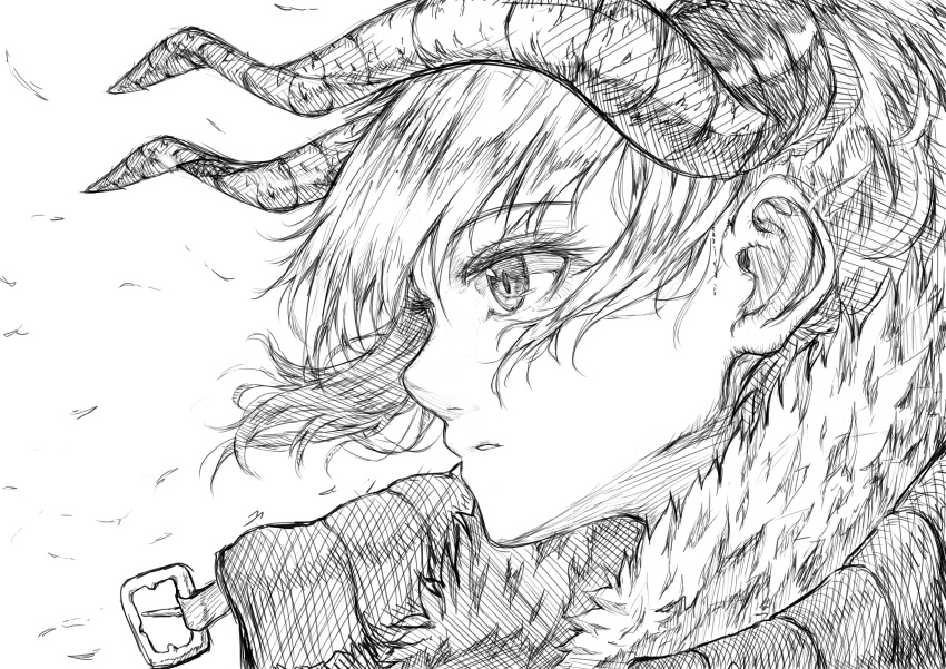 1girl absurdres aochoku curled_horns eyelashes face fur_trim greyscale hatching_(texture) highres horns long_eyelashes monochrome original parted_lips profile short_hair sketch solo upper_body wind