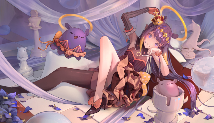 1girl absurdres animal_ears asymmetrical_legwear bangs black_footwear black_legwear blonde_hair blue_flower chess_piece crown detached_collar dress elbow_gloves flower gloves halo high_heels highres hololive hololive_english king_(chess) knee_up knight_(chess) long_hair looking_at_viewer lying meiyan_(boyimachao) mini_crown mismatched_legwear multicolored_hair ninomae_ina'nis on_back parted_lips pawn petals pointy_ears purple_eyes purple_hair rook_(chess) scrunchie single_elbow_glove smile solo streaked_hair striped striped_dress tako_(ninomae_ina'nis) thighhighs vertical-striped_dress vertical_stripes very_long_hair virtual_youtuber white_legwear wrist_scrunchie