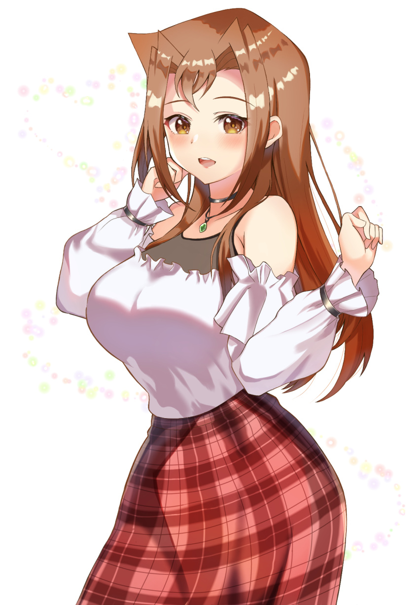 1girl blush brown_eyes brown_hair choker cowboy_shot hands_up highres ibispaint_(medium) jewelry kawai_shizuka long_hair long_sleeves looking_at_viewer necklace open_mouth plaid plaid_skirt red_skirt shirt skirt solo user_yghp5732 white_background white_shirt yu-gi-oh! yu-gi-oh!_duel_monsters