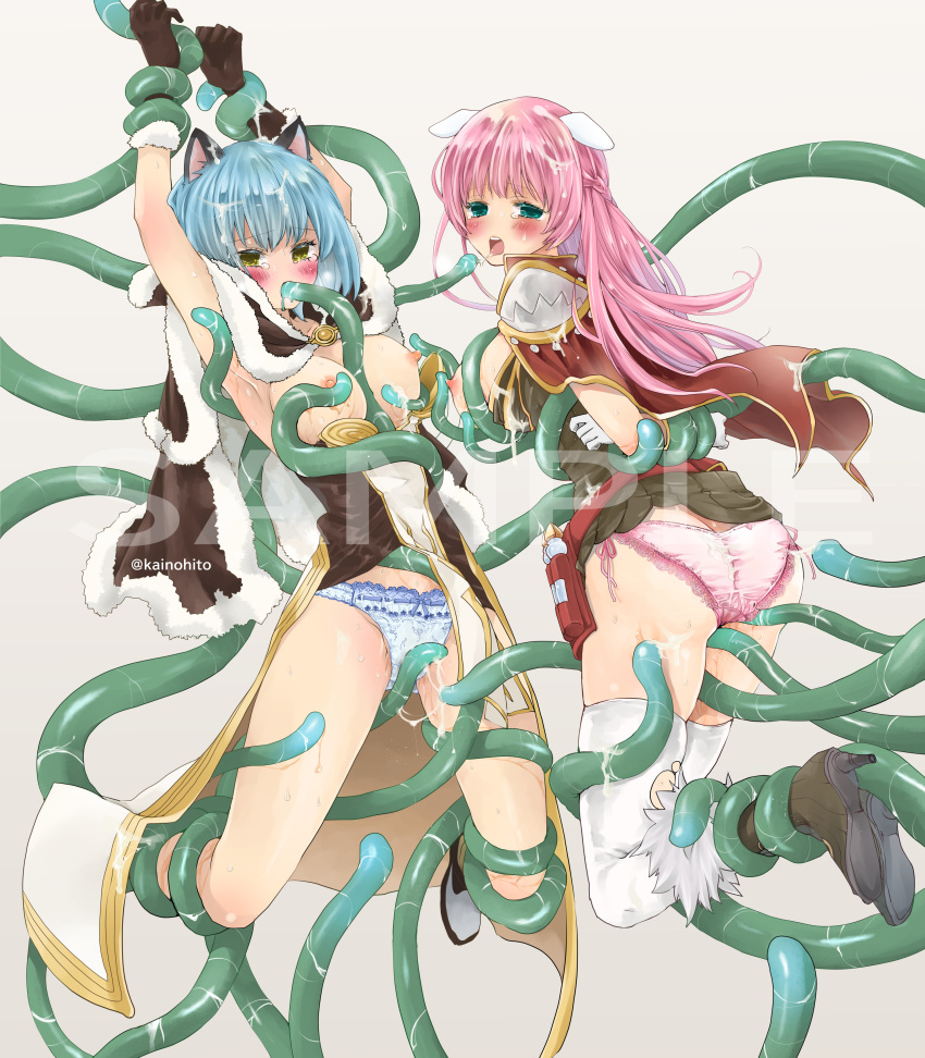 2girls absurdres animal_ears ass bangs belt blue_hair blue_panties blush boots braid breasts brown_cape brown_dress brown_footwear brown_gloves butt_crack cape cat_ears commentary_request commission creator_(ragnarok_online) dog_ears dress french_braid full_body fur-trimmed_cape fur-trimmed_gloves fur_trim gloves green_eyes high_wizard_(ragnarok_online) highres kainohito lace-trimmed_panties lace_trim large_breasts layered_dress long_hair looking_back multiple_girls nipples open_mouth panties pink_hair pink_panties ragnarok_online red_belt red_cape restrained sample_watermark short_dress short_hair skeb_commission slime_(substance) strapless strapless_dress tentacle_in_mouth tentacle_sex tentacles tentacles_under_clothes textless_version thighhighs two-tone_dress underwear vial white_dress white_gloves white_legwear yellow_eyes