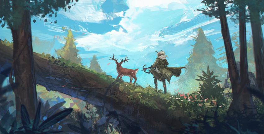 1girl animal arknights black_pants blue_sky coat crossbow day deer deer_antlers deer_girl facing_away firewatch_(arknights) forest franlol from_behind green_coat grey_hair highres holding holding_crossbow holding_weapon long_hair nature originium_(arknights) outdoors pants quiver scenery shirt sky solo standing tree weapon white_shirt wide_shot