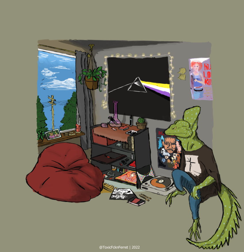 anthro bean_bag blade_runner bong cactus death_grips drugs flying_lotus helmeted_lizard hi_res lizard male marijuana of_montreal pink_floyd plant plumed_basilisk reptile run_lola_run scalie solo toxicfcknferret