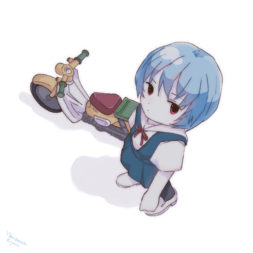 1girl ayanami_rei black_legwear blue_hair dtnm3748 ground_vehicle highres honda_super_cub motor_vehicle motorcycle neon_genesis_evangelion red_eyes school_uniform simple_background super_cub tokyo-3_middle_school_uniform white_background white_footwear