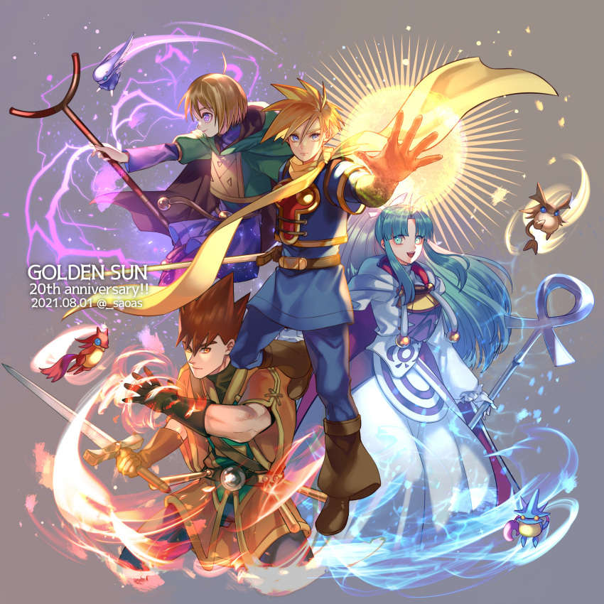 1girl 3boys absurdres blonde_hair blue_eyes blue_hair breasts brown_hair cape closed_mouth garet_(golden_sun) gloves golden_sun highres isaac_(golden_sun) ivan_(golden_sun) long_hair looking_at_viewer mia_(golden_sun) multiple_boys oas open_mouth ponytail robe scarf simple_background smile staff sword weapon