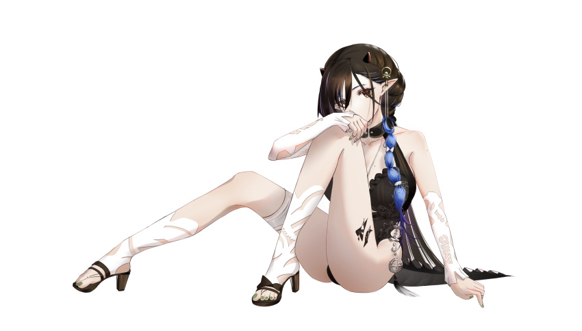 1girl absurdres arknights black_collar black_hair black_swimsuit blacknight_(arknights) blacknight_(summer_flowers)_(arknights) blue_hair braid breasts brown_eyes casual_one-piece_swimsuit collar collarbone eyebrow_piercing green_nails highres infection_monitor_(arknights) jewelry knee_up large_breasts looking_at_viewer multicolored_hair nail_polish necklace official_alternate_costume one-piece_swimsuit piercing pointy_ears simple_background sitting solo streaked_hair swimsuit toenail_polish toenails white_background yunlingluo
