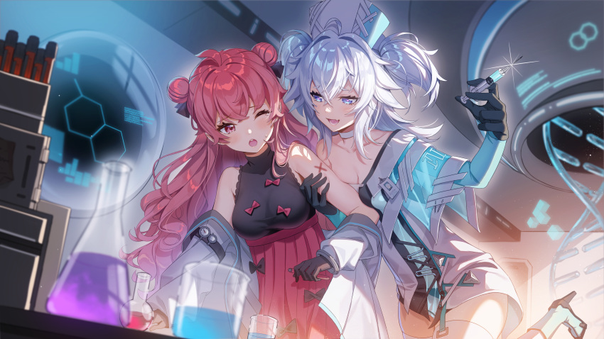 2girls absurdres ahoge bare_shoulders beaker blue_eyes blush breasts chinese_commentary choker cleavage collarbone commentary_request cowboy_shot double_bun dress fang girls'_frontline girls'_frontline_neural_cloud gloves grey_hair hair_bun hat heart heart-shaped_pupils high_heels highres id_card labcoat leg_up long_hair majiang medium_breasts multiple_girls nurse_cap off_shoulder one_eye_closed open_mouth pa-15_(girls'_frontline) red_dress red_eyes red_hair skin_fang sleeveless sleeveless_dress smile sweatdrop symbol-shaped_pupils syringe thighhighs twintails wz.29_(girls'_frontline)