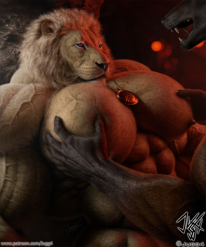 anthro big_muscles big_pecs blue_eyes blurred_background canid canine cave chain digital_media_(artwork) digital_painting_(artwork) duo eye_contact fangs felid hand_on_chest hand_on_pecs hi_res huge_muscles hyper hyper_muscles jugg4 lion looking_at_another male male/male mammal muscular muscular_male nipples nude open_mouth pantherine patreon pecs submissive submissive_male veiny_muscles