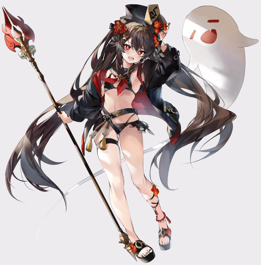 1girl bangs black_headwear blush breasts brown_hair flower full_body genshin_impact ghost hat hat_flower highres hinahino hu_tao_(genshin_impact) long_hair long_sleeves looking_at_viewer open_mouth plum_blossoms polearm red_eyes small_breasts smile staff_of_homa_(genshin_impact) symbol-shaped_pupils twintails very_long_hair weapon