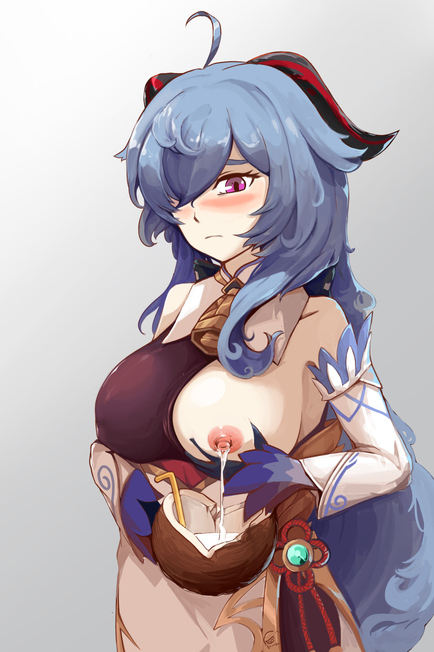 1girl absurdres ahoge bangs bare_shoulders bell black_gloves blue_hair blush breast_milk breasts coconut detached_sleeves fruit_cup ganyu_(genshin_impact) genshin_impact gloves goat_horns highres horns lactating_into_cup large_breasts long_hair medium_breasts neck_bell one_breast_out purple_eyes sidelocks solo taphris white_background