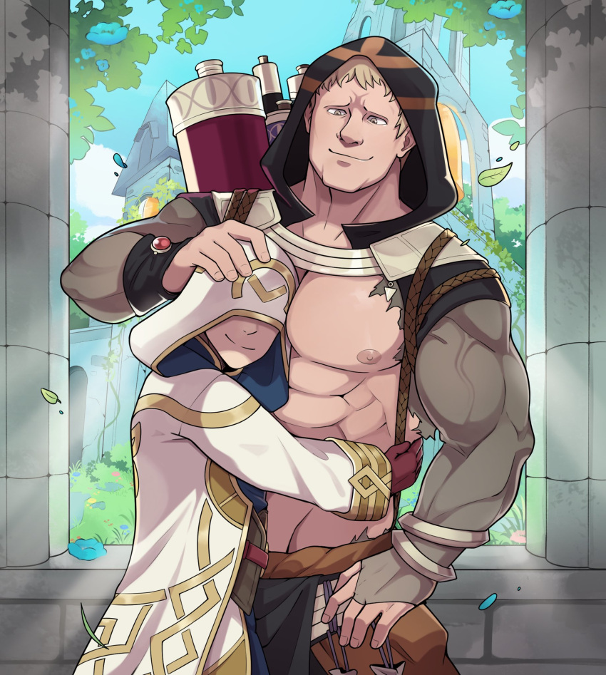 abs alternate_costume bara blonde_hair bracelet cloak cloud cloudy_sky covered_eyes fire_emblem fire_emblem_heroes geckobara grass highres hood hooded_cloak hug jewelry large_pectorals leaf long_sleeves muscular muscular_male nipples no_shirt pants pectorals raphael_kirsten rope short_hair size_difference sky smile thick_arms