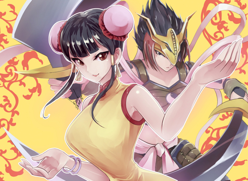 2girls bangs black_hair bracelet bun_cover chinese_clothes double_bun dragon_lady dress duel_monster hair_bun holding holding_sword holding_weapon jewelry k.nock long_hair looking_at_viewer multiple_girls outline red_eyes sidelocks sleeveless sleeveless_dress sword upper_body vivian_wong weapon white_outline yellow_background yellow_dress yu-gi-oh! yu-gi-oh!_duel_monsters