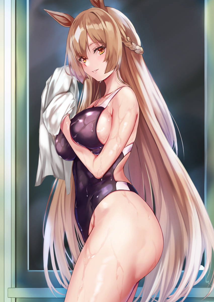 1girl absurdres animal_ears arm_between_breasts ass back_cutout bare_shoulders between_breasts blonde_hair breast_press breasts clothing_cutout competition_swimsuit dripping from_side highleg highleg_swimsuit highres horse_ears horse_girl large_breasts long_hair looking_at_viewer no_tail one-piece_swimsuit satono_diamond_(umamusume) smile solo swimsuit thighs towel uchida_shou umamusume wet wet_clothes wet_swimsuit yellow_eyes