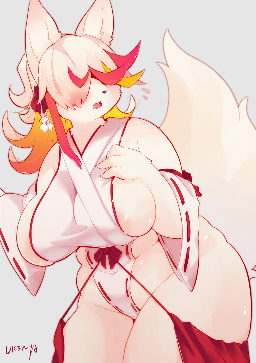 2022 absurd_res anthro areola areola_slip asian_clothing big_breasts blush blush_lines breasts canid canine clothing curvy_figure east_asian_clothing female fox fur hair hair_over_eyes hi_res huge_breasts japanese_clothing kemono mammal miko_outfit orange_hair pink_hair shrine_maiden solo thick_thighs ukenya voluptuous white_body white_fur wide_hips