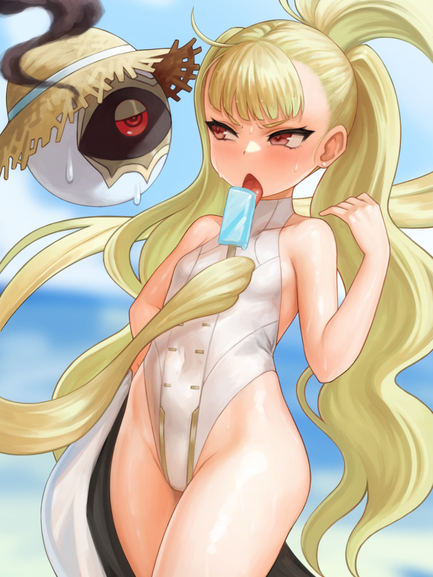 1girl blonde_hair breasts eitri_(fire_emblem) fire_emblem fire_emblem_heroes food hat highleg highleg_swimsuit highres licking long_hair one-piece_swimsuit popsicle prehensile_hair red_eyes small_breasts solo standing sun_hat sweat swimsuit user_ppkj7438 very_long_hair white_background white_swimsuit