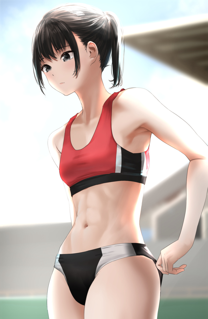 1girl adjusting_buruma adjusting_clothes armpits bare_shoulders black_eyes black_hair blush breasts buruma closed_mouth eyes_visible_through_hair flat_chest hair_between_eyes highres medium_hair navel original outdoors ponytail small_breasts sports_bikini stadium tama_(tamago) thighs track_and_field