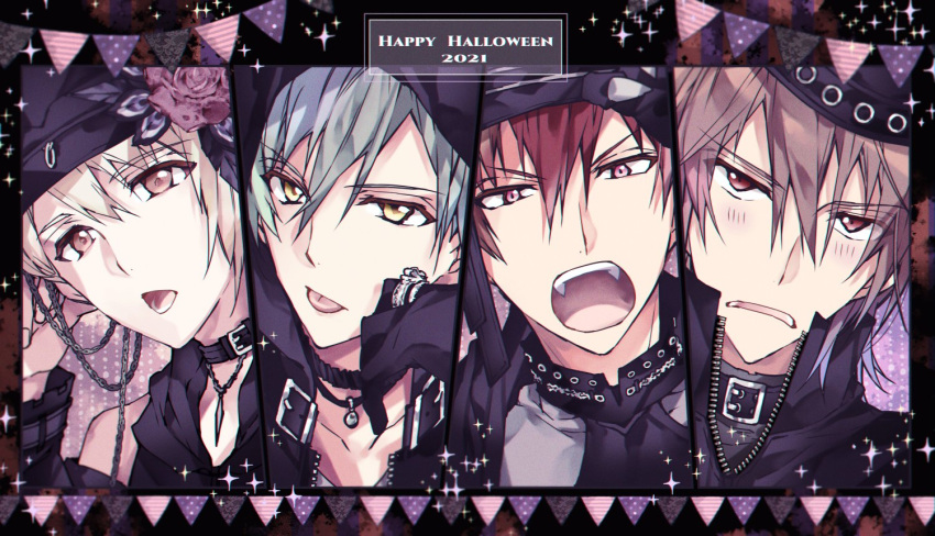 4boys blonde_hair blue_hair blush brown_eyes choker fangs hair_between_eyes happy_halloween idolish_7 inumaru_toma isumi_haruka mido_torao multiple_boys natsume_minami red_hair short_hair sparkle tanemura_arina tongue tongue_out yellow_eyes zool