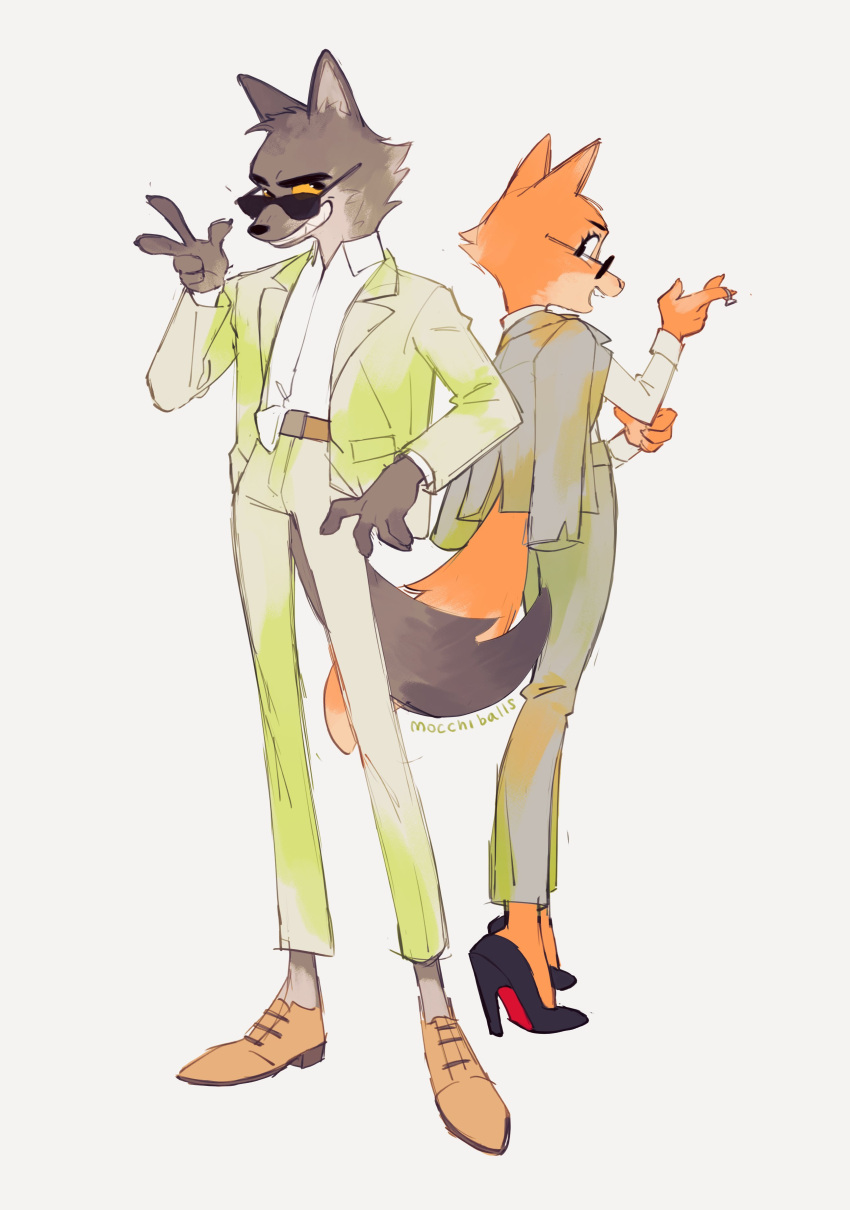 2022 5_fingers absurd_res anthro biped canid canine canis clothed clothing diane_foxington digital_media_(artwork) dreamworks duo ears_up eyewear female fingers fluffy footwear fox fox_tail fur grey_body grey_fur grin hi_res high_heels looking_back male mammal mocchiballs mr._wolf_(the_bad_guys) open_mouth orange_body orange_fur red_fox shoes simple_background smile standing suit sunglasses teeth the_bad_guys white_background wolf wolf_tail yellow_sclera