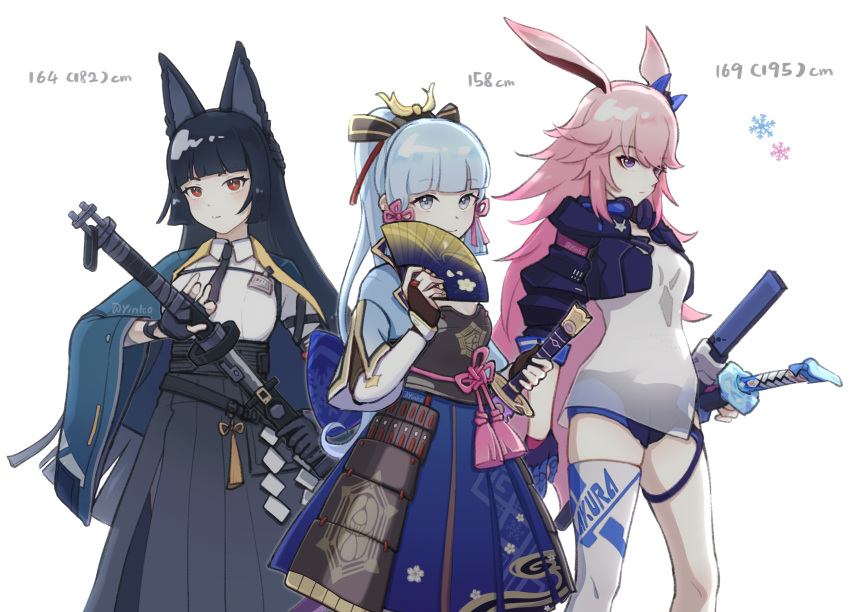 3girls absurdres animal_ears armor bangs black_gloves black_hair black_jacket black_necktie black_shorts blue_eyes blue_hair cat_ears character_request closed_mouth collared_shirt company_connection crossover fingerless_gloves fox_ears genshin_impact gloves highres holding holding_sword holding_weapon honkai_(series) honkai_impact_3rd jacket japanese_armor kamisato_ayaka katana mihoyo_technology_(shanghai)_co._ltd. multiple_girls necktie pink_hair ponytail purple_eyes red_eyes see-through see-through_shirt sheath sheathed shirt shorts simple_background single_glove single_thighhigh sword thighhighs weapon white_background white_legwear white_shirt yae_sakura yae_sakura_(goushinnso_memento) yinkooo zenless_zone_zero