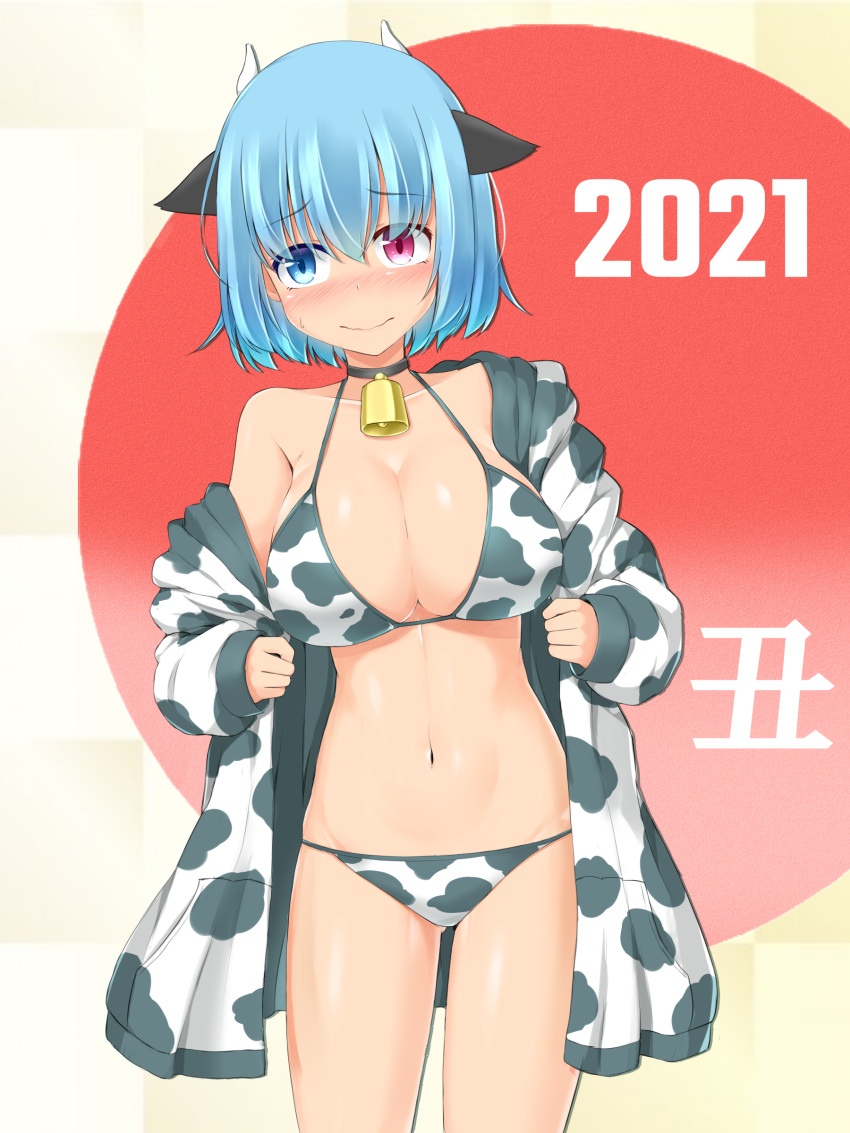 1girl 2021 absurdres alternate_costume animal_ears animal_print bell bikini blue_eyes blush breasts cleavage closed_mouth cow_ears cow_horns cow_print garasuita heterochromia highres hood hoodie horns large_breasts looking_to_the_side midriff navel neck_bell open_clothes open_hoodie red_eyes solo standing swimsuit tatara_kogasa touhou