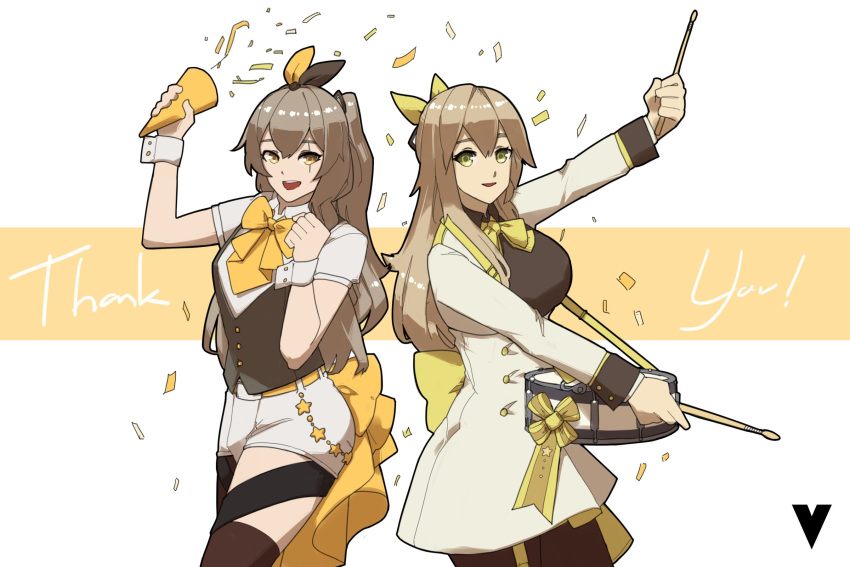 2girls arm_up bangs breasts brown_hair cowboy_shot english_commentary english_text girls'_frontline hair_between_eyes hair_ornament hair_ribbon highres holding holding_instrument instrument long_hair long_sleeves looking_at_viewer multiple_girls official_alternate_costume one_side_up open_mouth pantyhose ribbon scar scar_across_eye scar_on_face short_sleeves smile thank_you thighhighs ump40_(girls'_frontline) ump40_(the_wish-preserving_witch_of_shadows)_(girls'_frontline) ump45_(girls'_frontline) ump45_(the_wish-making_sorceress_of_fireworks)_(girls'_frontline) variasii vest wrist_cuffs yellow_eyes