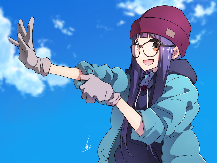 1girl :d beanie brown_eyes glasses gloves hat highres hood hoodie jacket long_hair oogaki_chiaki purple_hair sleeves_rolled_up smile solo yasu_(pixiv) yurucamp