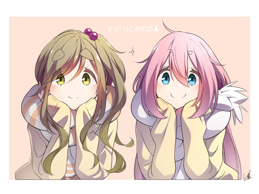 2girls blonde_hair blue_eyes closed_mouth copyright_name green_eyes hair_bobbles hair_ornament hands_on_own_cheeks hands_on_own_face head_rest highres inuyama_aoi kagamihara_nadeshiko long_hair long_sleeves multiple_girls pink_hair scarf school_uniform side_ponytail sleeves_past_wrists smile sparkle split_mouth thick_eyebrows yasu_(pixiv) yurucamp