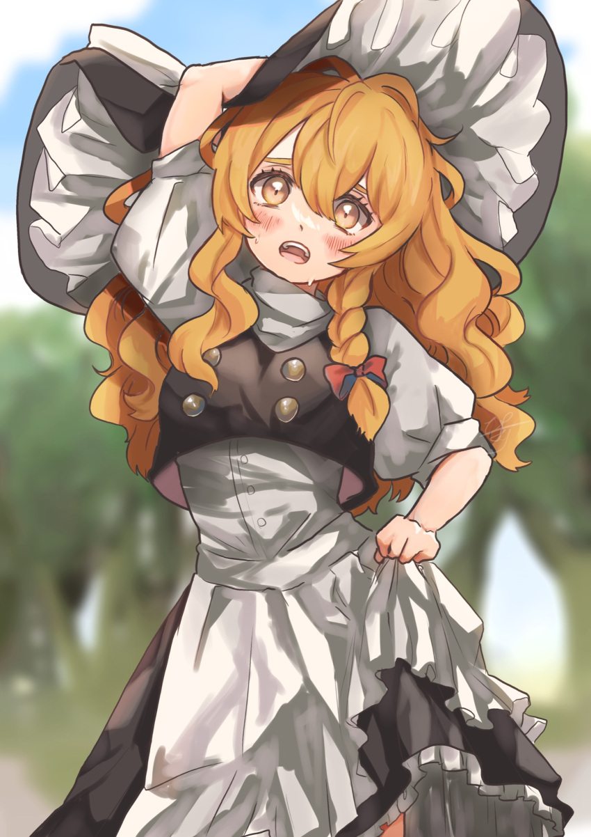 1girl apron apron_hold black_headwear black_skirt black_vest blonde_hair blurry blurry_background blush bow braid buttons commentary_request cowboy_shot frilled_hat frilled_skirt frills hand_on_headwear hand_on_own_head hat highres kirisame_marisa long_hair looking_at_viewer open_mouth outdoors puffy_short_sleeves puffy_sleeves red_bow shirt short_sleeves side_braid single_braid skirt skirt_hold solo summer sweat sweatdrop teeth touhou tree uchisaki_himari upper_teeth vest wavy_hair white_apron white_shirt witch_hat yellow_eyes