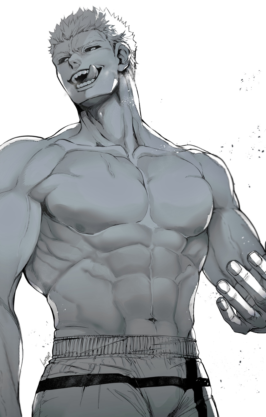 1boy abs absurdres bara biceps black_eyes fangs highres kengan_(series) kengan_ashura kure_raian kyowo_sukkesuke large_pectorals looking_at_viewer looking_down male_focus manly mature_male muscular muscular_male nipples open_mouth pants pectorals sharp_teeth shorts simple_background solo spiked_hair teeth thick_arms tongue tongue_out topless_male veins veiny_arms white_background