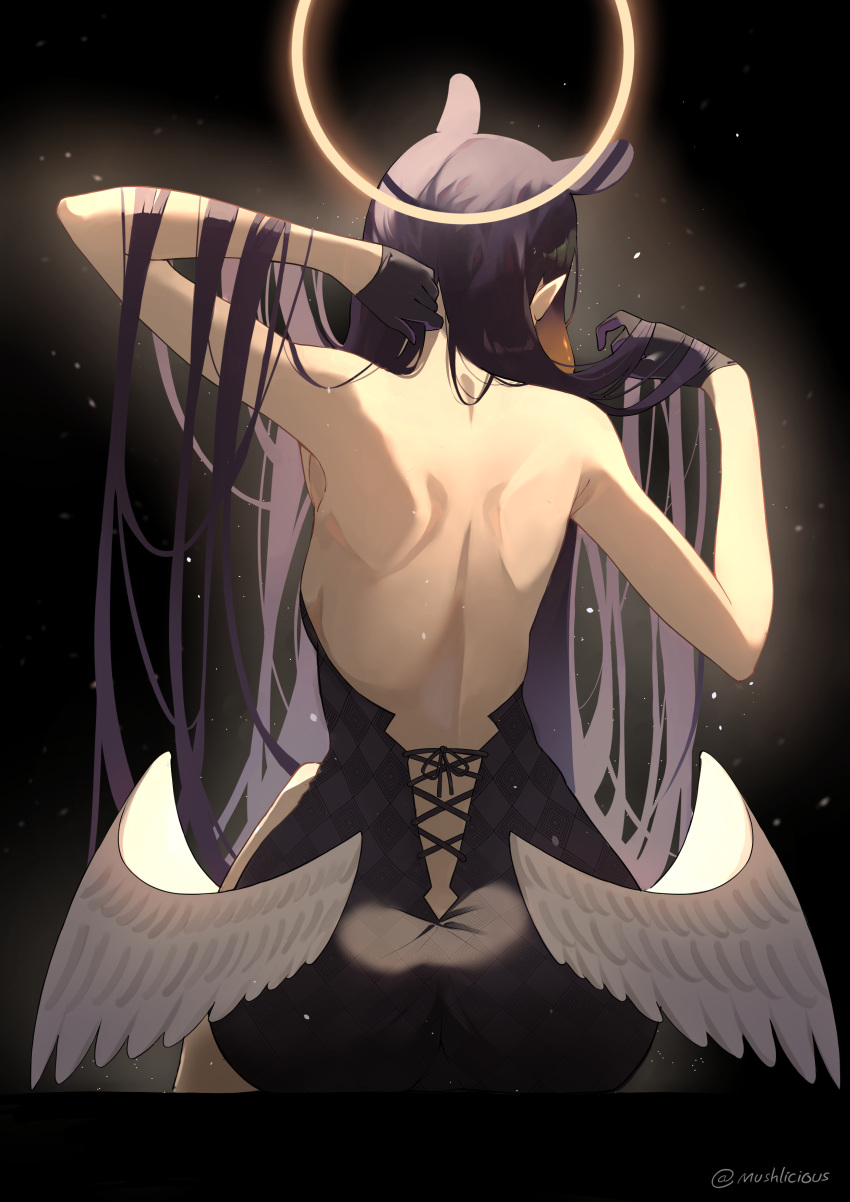 1girl absurdres armpits bare_back bare_shoulders black_background black_gloves breasts commentary english_commentary from_behind gloves halo highres hololive hololive_english long_hair low_wings mush_(mushlicious) ninomae_ina'nis pointy_ears purple_hair sideboob sitting small_breasts solo twitter_username virtual_youtuber white_wings wings