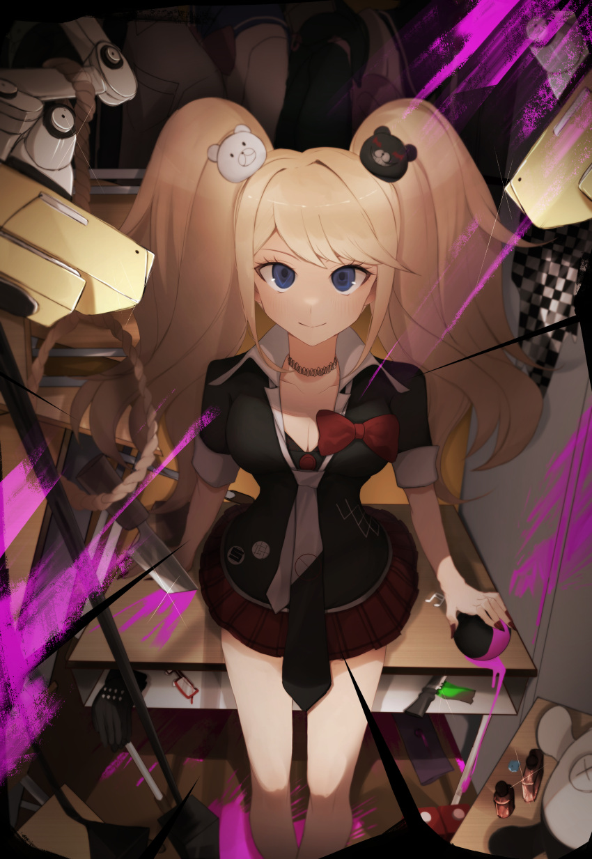 1girl 5_106y absurdres arm_support bangs black_choker black_necktie black_shirt blonde_hair blood blue_eyes bow breasts choker cleavage commentary_request danganronpa:_trigger_happy_havoc danganronpa_(series) enoshima_junko grey_necktie hair_ornament highres indoors knife large_breasts long_hair looking_at_viewer miniskirt monokuma nail_polish necktie pink_blood pleated_skirt red_nails red_skirt shirt short_sleeves sitting skirt smile solo twintails