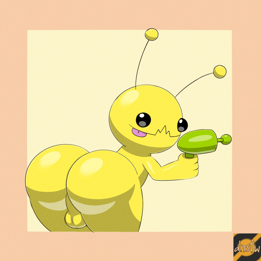 alien alien_hominid_(character) antennae_(anatomy) anthro balls butt darknsfwindie genitals gun hi_res male newgrounds presenting presenting_hindquarters ranged_weapon tongue video_games weapon yellow_body