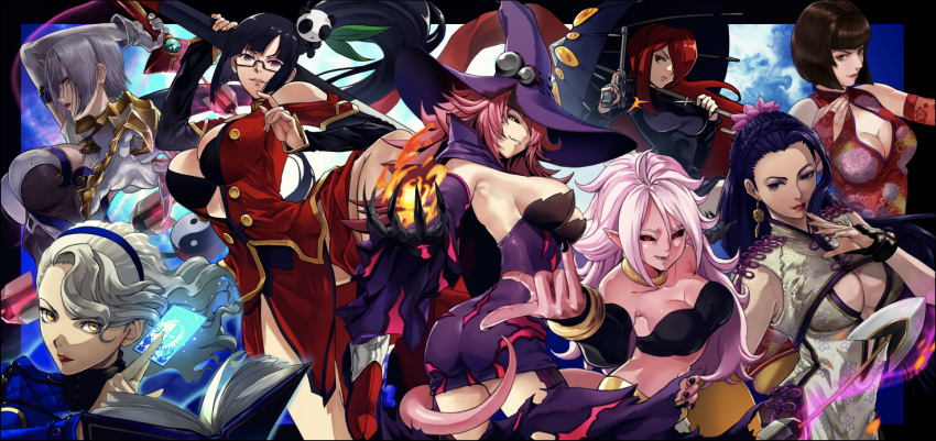 android_21 anna_williams bare_shoulders black_hair black_nails black_sclera black_tube_top blazblue bob_cut breasts choker colored_sclera colored_skin commentary_request curly_hair dragon_ball dragon_ball_fighterz earrings gauss_&lt;bokashi harem_pants hat highres isabella_valentine jewelry konoe_a._mercury large_breasts litchi_faye_ling long_hair looking_at_viewer luong margaret_(persona) namco pants parasoul_(skullgirls) persona persona_4 pink_skin short_hair skullgirls snk soulcalibur strapless tekken the_king_of_fighters the_king_of_fighters_xiv tube_top weapon whip_sword white_hair witch_hat yellow_choker