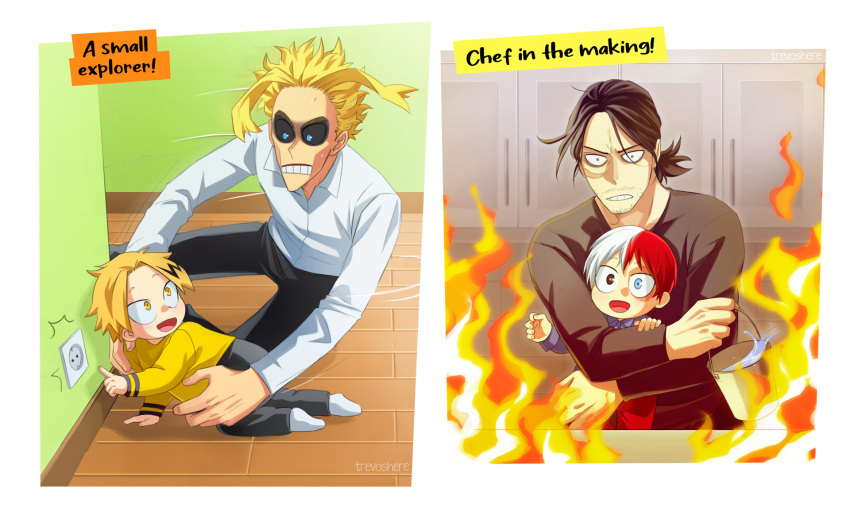 4boys :d age_difference baby bangs black_hair black_pants black_shirt blonde_hair blue_eyes boku_no_hero_academia bucket collared_shirt english_text eraser_head_(boku_no_hero_academia) facial_hair fire happy heterochromia highres holding holding_bucket kaminari_denki male_focus medium_hair multicolored_hair multiple_boys open_mouth orange_eyes pants red_hair scar scar_on_face shirt short_hair smile stubble teeth todoroki_shouto trevo_(trevoshere) two-tone_hair upper_body water white_hair white_legwear white_shirt yagi_toshinori yellow_shirt