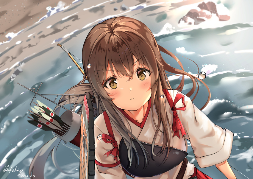 1girl absurdres akagi_(kancolle) arrow_(projectile) blush bow_(weapon) brown_eyes brown_hair dated highres hokekiyo japanese_clothes kantai_collection long_hair looking_at_viewer mast muneate quiver signature solo tasuki upper_body weapon