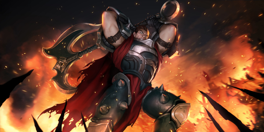 1boy armor axe black_hair breastplate cape darius_(league_of_legends) destruction fighting_stance fire green_eyes highres league_of_legends leg_armor legends_of_runeterra loincloth looking_down male_focus manly mature_male muscular muscular_male night night_sky official_art outdoors sixmorevodka sky solo spiked_armor spiked_hair spikes teeth thick_arms torn_clothes weapon