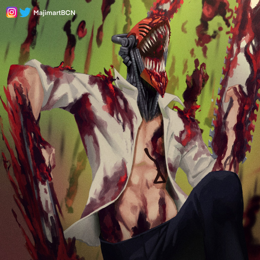 1:1 artist_name black_bottomwear black_clothing black_pants blood blood_splatter bodily_fluids bottomwear chainsaw_arm chainsaw_man chest_string clothed clothing colored cybernetics demon denji_(chainsaw_man) digital_media_(artwork) digital_painting_(artwork) eyeless gore green_background hairless hi_res human humanoid hybrid lineless machine majimartbcn male mammal messy_gore not_furry not_furry_focus open_mouth pants red_blood shaded sharp_teeth simple_background solo solo_focus string tan_body tan_skin teeth teeth_visible topless topless_male topwear vest watermark white_clothing white_topwear white_vest