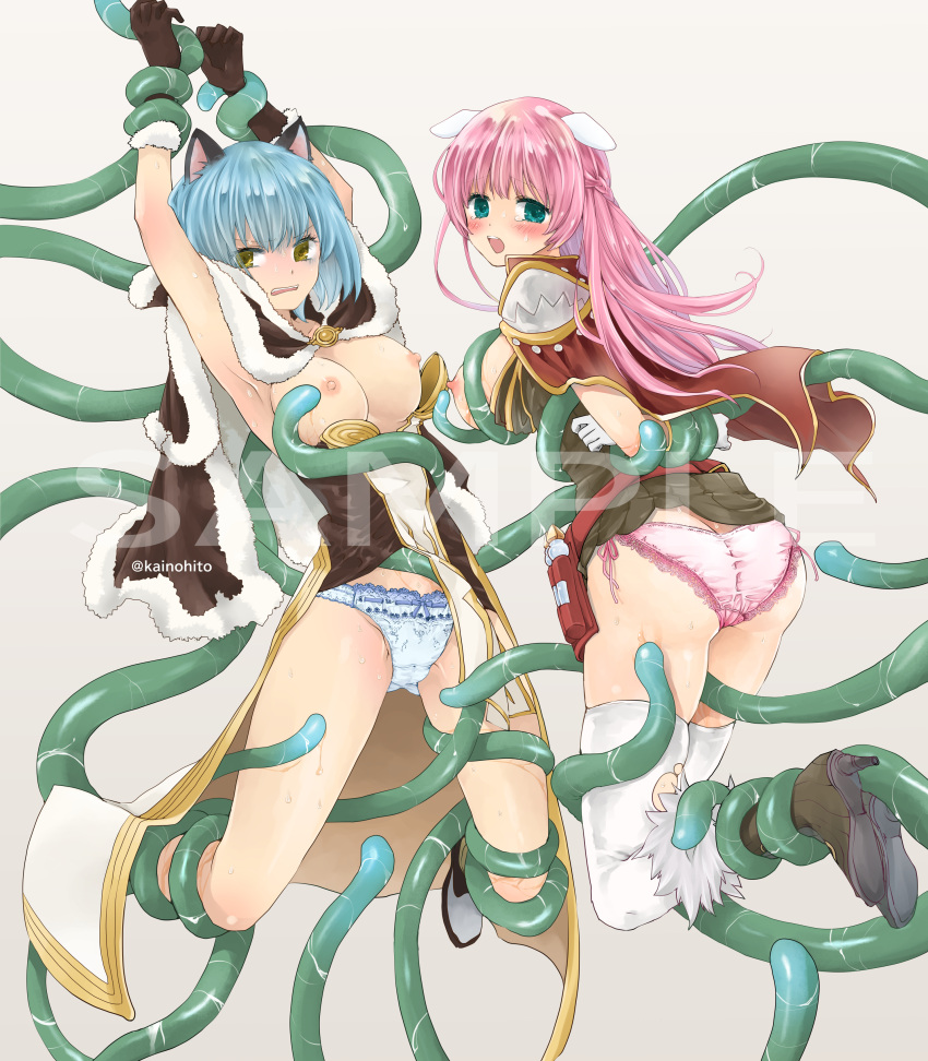 2girls absurdres animal_ears ass bangs belt blue_hair blue_panties blush boots braid breasts brown_cape brown_dress brown_footwear brown_gloves butt_crack cape cat_ears commentary_request commission creator_(ragnarok_online) dog_ears dress french_braid full_body fur-trimmed_cape fur-trimmed_gloves fur_trim gloves green_eyes high_wizard_(ragnarok_online) highres kainohito lace-trimmed_panties lace_trim large_breasts layered_dress long_hair looking_back multiple_girls nipples open_mouth panties pink_hair pink_panties ragnarok_online red_belt red_cape restrained sample_watermark short_dress short_hair skeb_commission slime_(substance) strapless strapless_dress tentacles tentacles_under_clothes textless_version thighhighs two-tone_dress underwear vial white_dress white_gloves white_legwear yellow_eyes