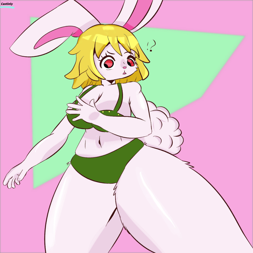 5_fingers anthro big_breasts blonde_hair bra breasts carrot_(one_piece) castinly clothing confusion female fingers fluffy fluffy_tail hair hi_res lagomorph leporid mammal one_piece rabbit rear_view red_eyes short_hair slim solo thick_thighs underwear