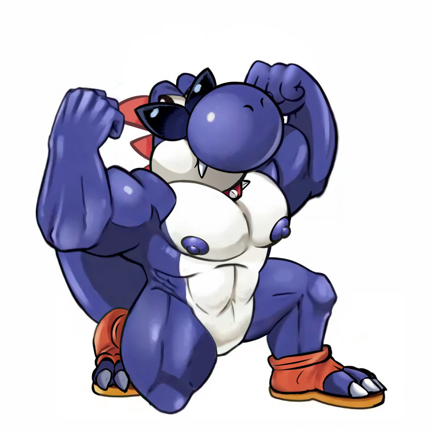 anthro boshi collar crouching eyewear flexing flexing_bicep flexing_both_biceps hi_res humanoid kyngs male male/male mario_bros muscular muscular_male nintendo nipples pecs scalie solo spiked_collar spikes super_mario_rpg_legend_of_the_seven_stars thick_thighs video_games yoshi