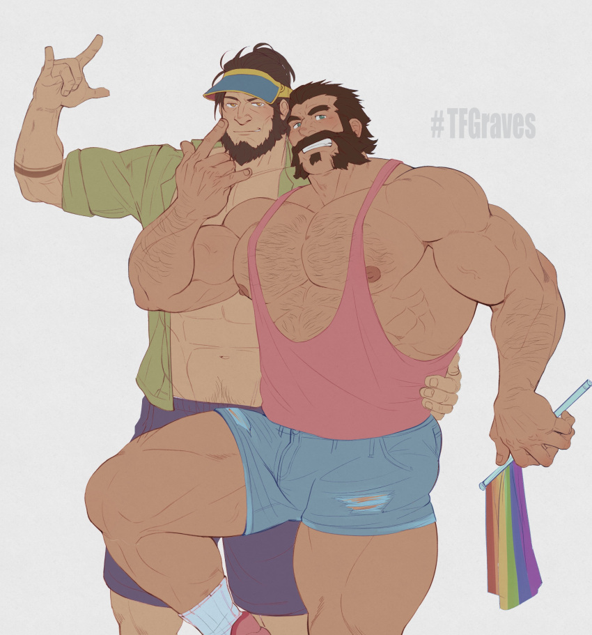 2boys abs absurdres bara beard biceps blue_eyes blush brown_hair collared_shirt couple facial_hair flag glensaru graves_(league_of_legends) hairy hat highres large_pectorals league_of_legends lgbt_pride long_hair looking_at_viewer male_focus manly mature_male multiple_boys muscular muscular_male navel navel_hair nipples open_clothes open_shirt pectorals rainbow_flag shirt shorts simple_background smile tank_top tattoo teeth thick_arms thick_eyebrows thick_thighs thighs torn_clothes twisted_fate white_background yaoi yellow_eyes