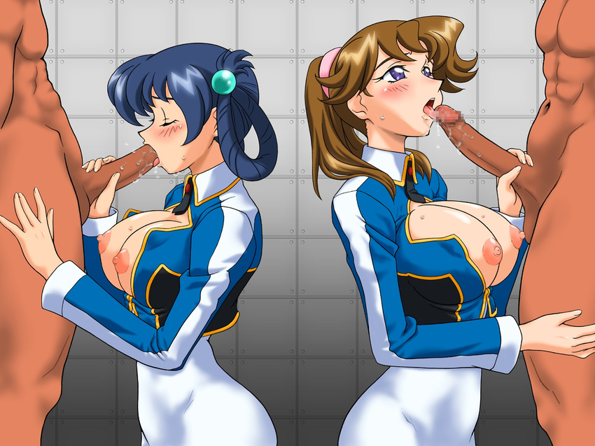 blue_hair blush breasts brown_hair censored closed_eyes fellatio huge_breasts large_breasts momozono_momoko multiple_girls nipples open_clothes open_shirt oral penis ponytail purple_eyes saliva sasagure_konami shinkon_gattai_godannar!! shirt short_hair ta152_(graf_zeppelin)