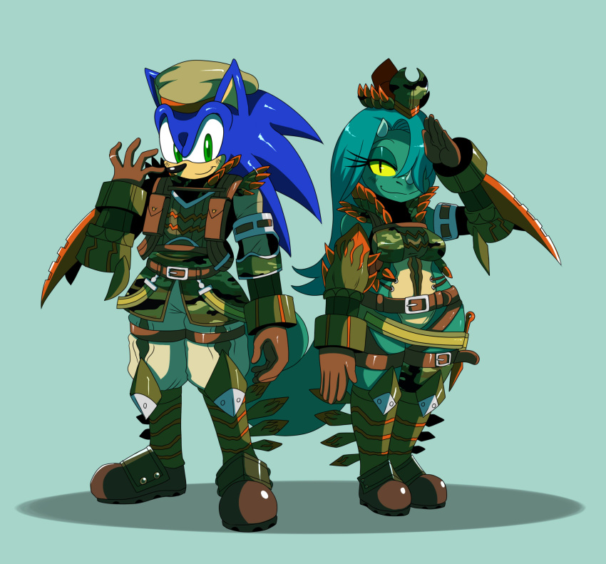 abioguru_(armor) anthro armor beret blue_fur blue_hair boots breasts capcom chameleon clothing crisalia digital_media_(artwork) duo eulipotyphlan female footwear fur hair hat hedgehog jackson's_chameleon lizard long_hair male mammal military monster_hunter non-mammal_breasts reptile scalie sonic_(series) sonic_the_hedgehog sssonic2 video_games