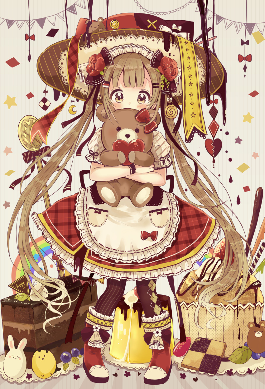1girl absurdres animal_ears animal_hat apron argyle argyle_legwear black_legwear blush boots brown_eyes brown_hair cake cat_ears cat_hat checkerboard_cookie chocolate_cake commentary_request cookie covered_mouth crescent flower food fork frilled_apron frills full_body hair_flower hair_ornament hat heart highres long_hair looking_at_viewer mismatched_legwear object_hug original pennant pigeon-toed plaid plaid_skirt puffy_short_sleeves puffy_sleeves red_flower red_footwear red_hat red_rose red_skirt rose sakura_oriko shirt short_sleeves skirt slice_of_cake solo standing star string_of_flags striped striped_background striped_legwear stuffed_animal stuffed_toy teddy_bear twintails vertical-striped_background vertical-striped_legwear vertical_stripes very_long_hair wafer_stick waist_apron white_apron white_shirt